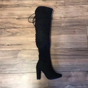 TOP Moda Black Over-the-Knee Lace-Up Block Heel Boots